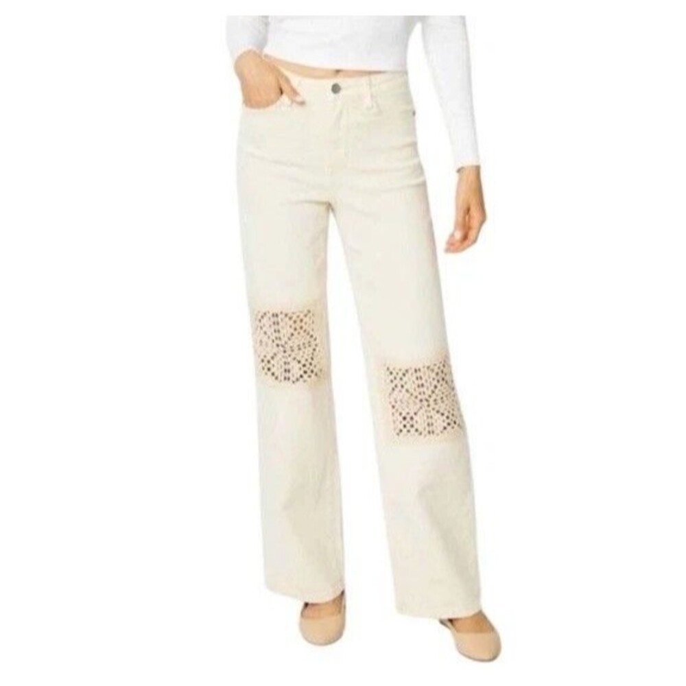 Judy Blue High Rise Wide Leg Jeans in Cream with Crochet Knee Panels